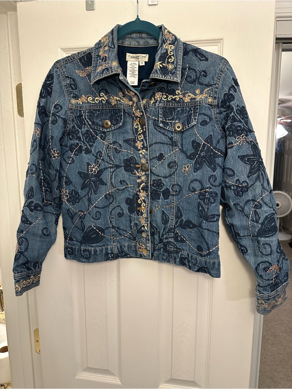 Coldwater Creek Women's Jean Jacket Featuring Elaborate Floral Embroidery, XS